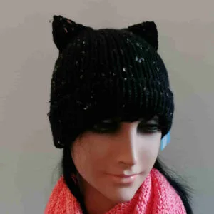 Muts wintermuts kattenoren enkel gebreid zwart handgemaakt