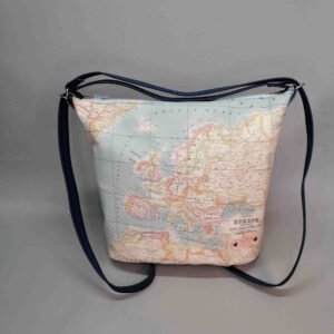 Tas rugak schoudertas kunstleer blauw landkaart handgemaakt 3