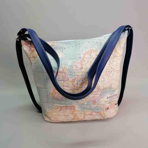 Tas rugak schoudertas kunstleer blauw landkaart handgemaakt 3